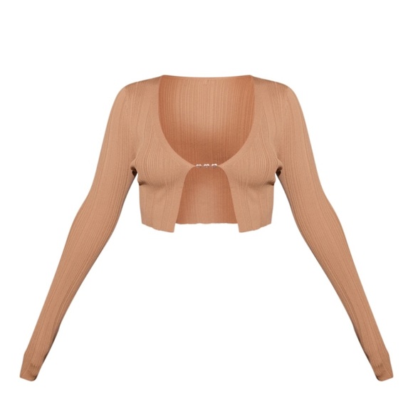 Mocha Cropped Long Sleeve Gold Trim Knit Top - Picture 2 of 2